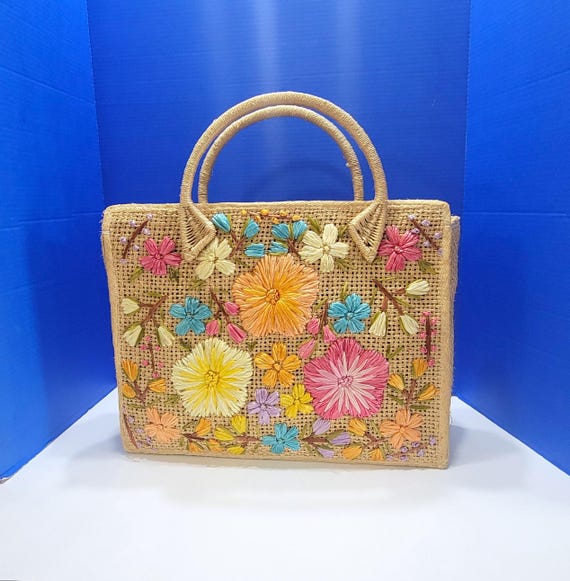 Large Vintage Raffia Wicker Woven Flower Tote Bag Purse