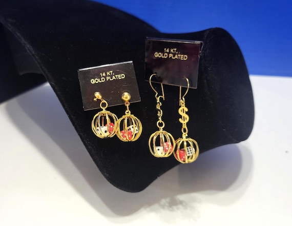 Vintage Caged Dice Dangle Earrings 14K Gold Plated Set of 2
