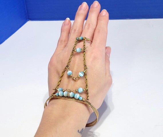 Vintage Light Blue Beaded Metal Hand Chain Bracelet