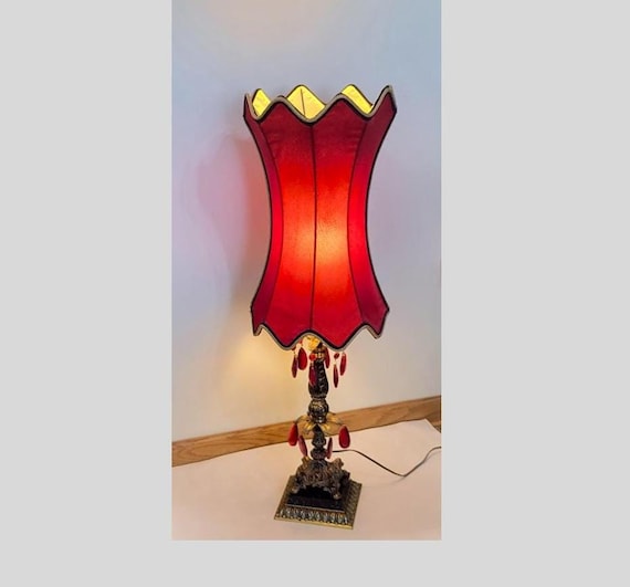 Vintage Hollywood Regency Brass Ornate Red Crystal Lamp with Velvet Shade