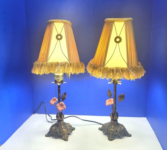Pair Vintage Ornate Table Lamps Pink Dogwood Flowers