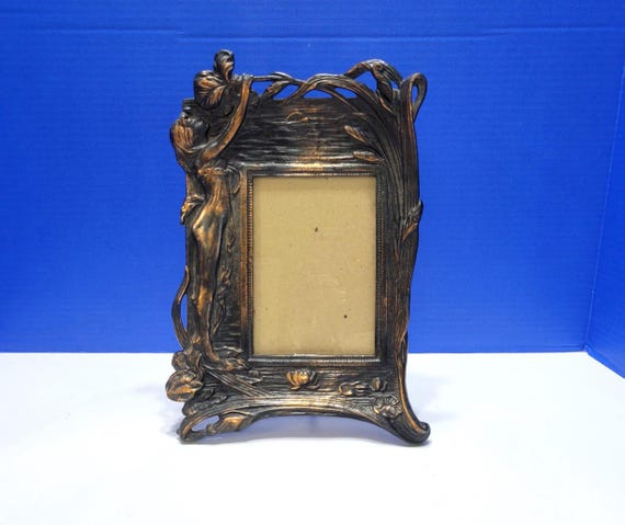 Vintage Art Noveau Cast Iron Picture Frame with Figural Lady