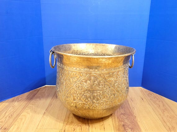 Vintage Large Round Brass Planter Embossed Leaves and Textured Handles