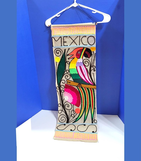 Vintage Colorful Mexico Yarn Art Banner with Tucan Wall Hanging