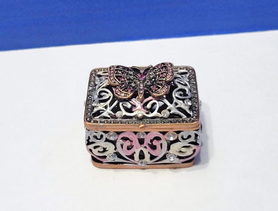Vintage Pink Enamel Hinge Box with Rhinestone Butterfly