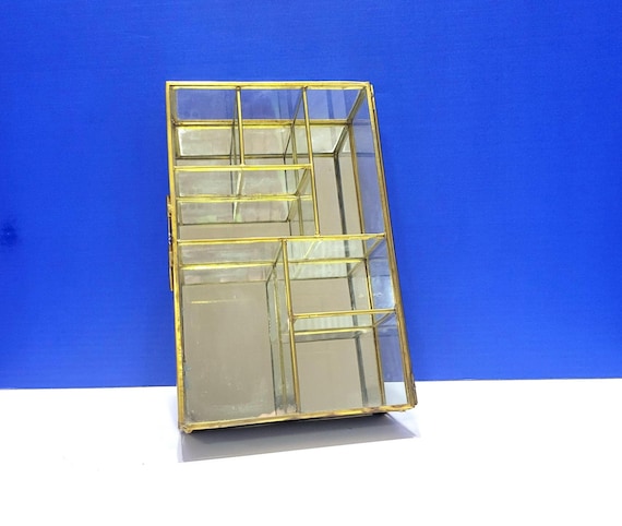 Vintage Brass and Glass Rectangular Display Case with Several Compartments