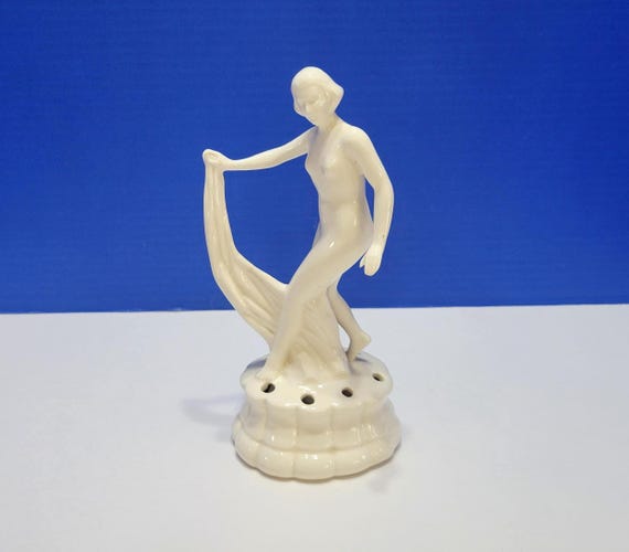 Vintage Art Deco White Dancing Lady Flower Frog Statue