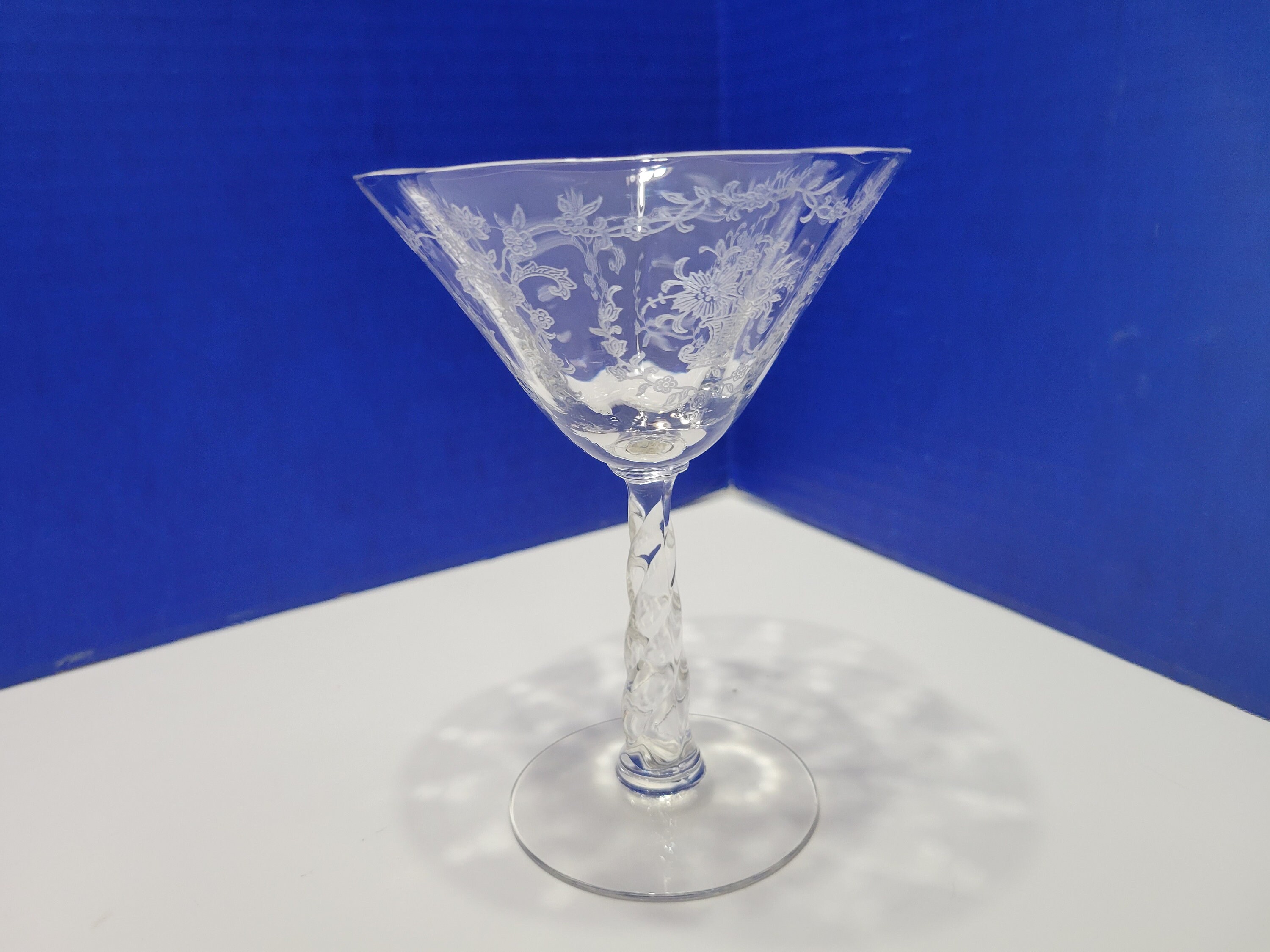 Pair Vintage Fostoria Mayflower Etched Martini Champagne Glasses