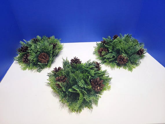 Vintage Evergreen Pillar Candle Rings with Pinecones Set of 3