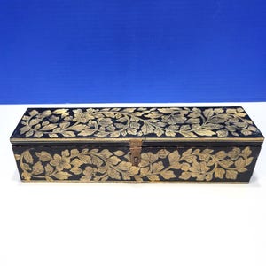 Vintage Long Rectangular Black Wood Box with White Flowers