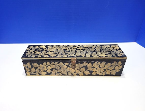 Vintage Long Rectangular Black Wood Box with White Flowers
