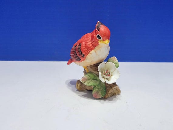 Vintage Red Cardinal Bird with White Flower Ceramic Figurine