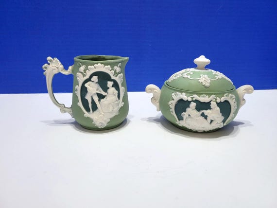 Antique Sage Green Wedgewood Creamer and Sugar Set