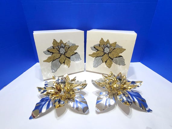 Pair Vintage Department 56 Poinsettia Candle Holders in Boxes