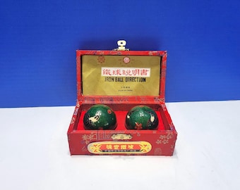 Vintage Chinese Green Cloisonne Boading Balls in Red Box