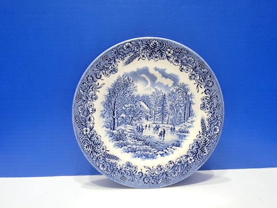 Vintage Churchill England Blue Transferware Winter Scene 8" Plate