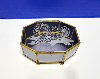 Vintage Octagon Brass and Glass Box with Etched Love Birds