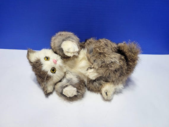 Vintage Large Fur Brown and White Upside Down Realistic Cat Figurine
