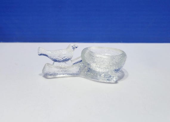 Vintage Flaglavik Glasbruk Clear Glass Bird on Nest Salt Cellar