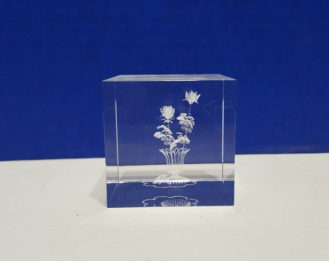 Vintage Glass Block Paperweight Laser Etched Flowers Etsy