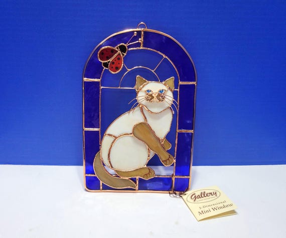 Vintage Stained Glass Cat with Lady Bug 3D Window Suncatcher