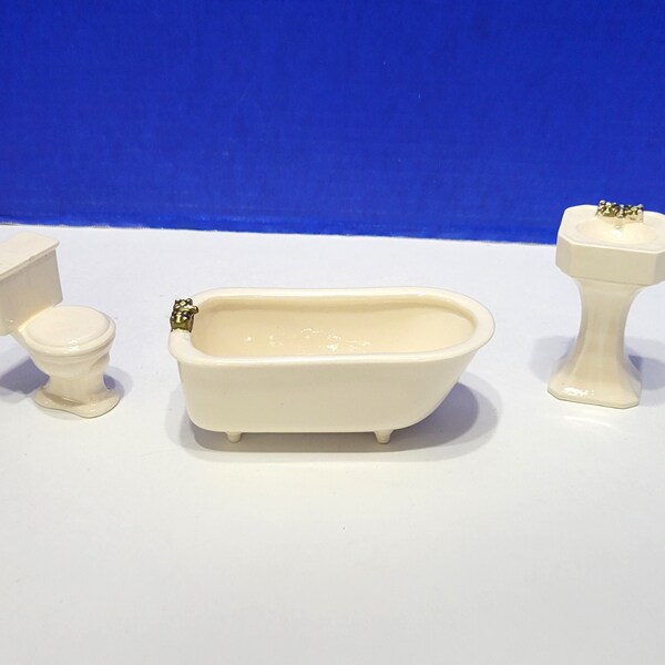 Vintage Dollhouse Ceramic Bathroom Set Miniature Toilet, Sink, Bathtub