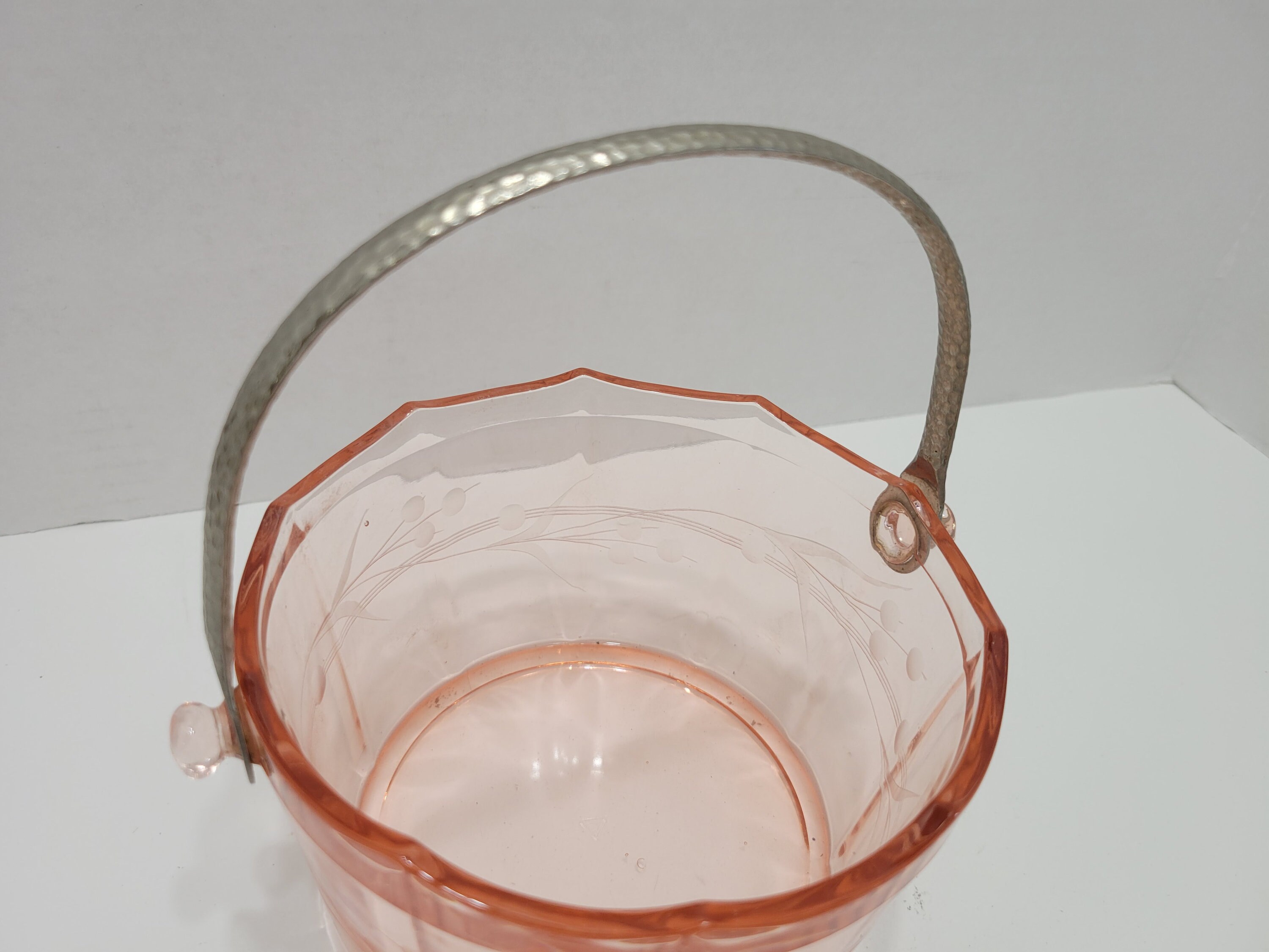 Vintage Pink Depression Glass Ice Bucket Etched Floral Etsy