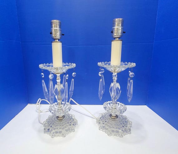 Pair Crystal Table Lamps with Hanging Crystal Prisms Working
