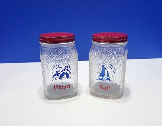 Vintage Hazel Atlas Dutch Salt and Pepper Shakers Set Red Lids