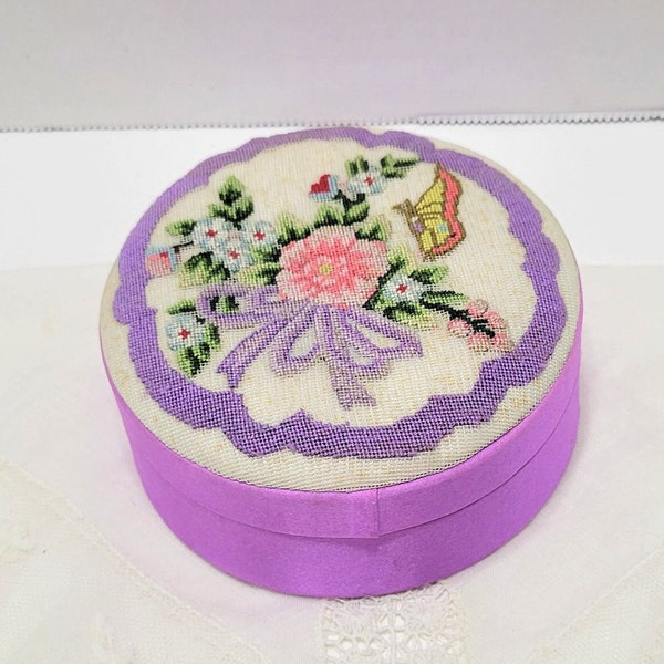 Vintage Fetco Purple Satin Trinket Box with Needlework Floral Cover