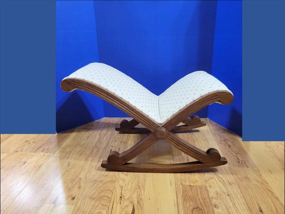 Vintage Wooden Rocking Foot Stool Beige Upholstered