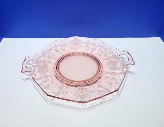 Vintage Pink Depression Glass Platter Etched Flowers with Handles