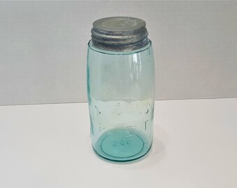 Antique Blue Ball Jar Masons Patent 1858 Quart Canning Jar with Lid