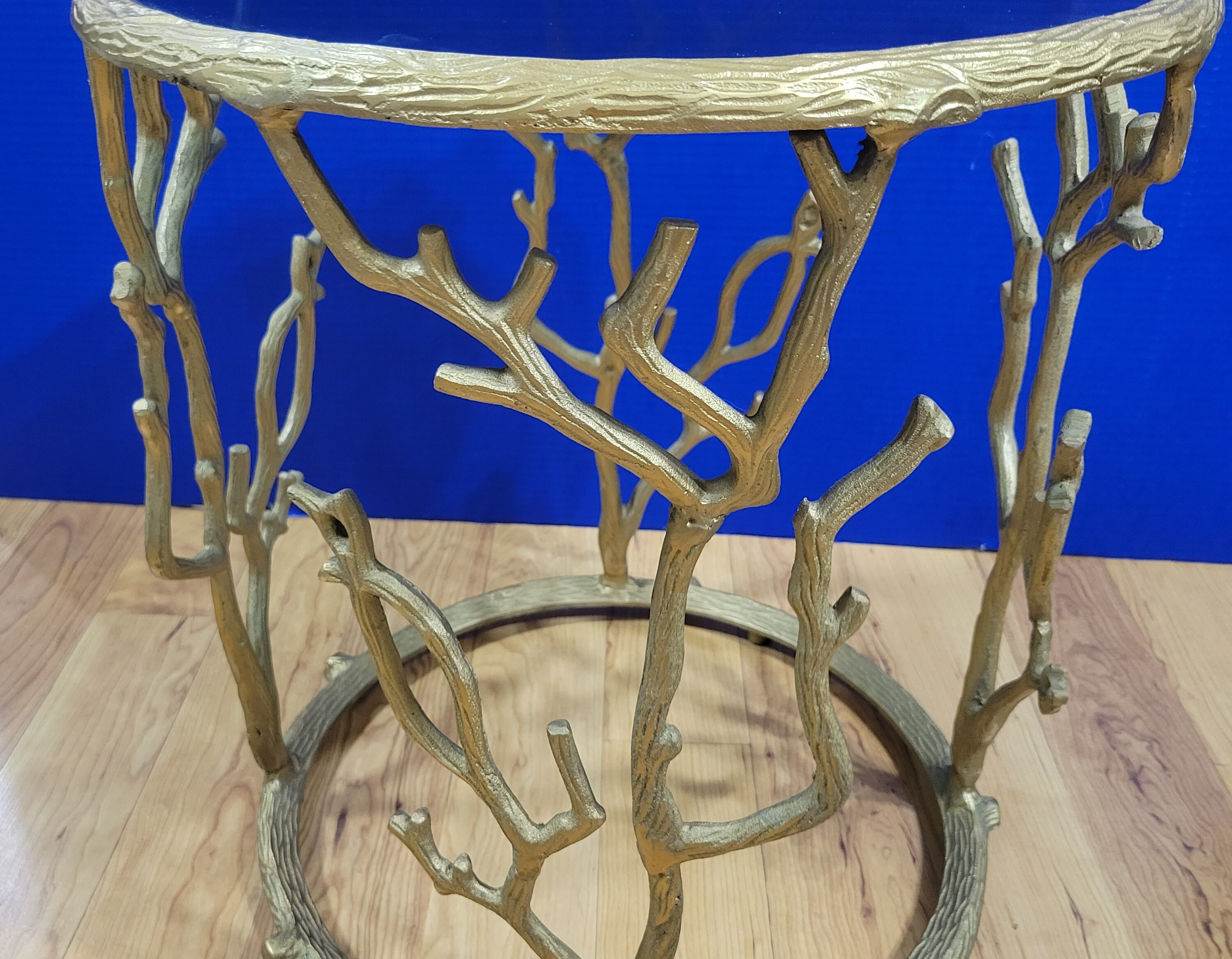 Vintage Gold Metal Tree Branch Table with Smoky Glass Top