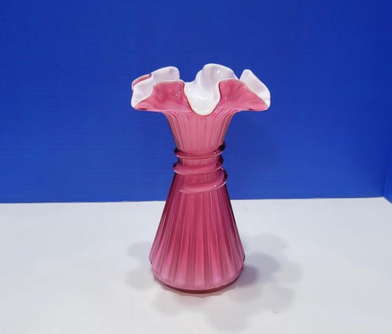 Vintage Fenton Glass Wild Rose Overlay Wheat Vase