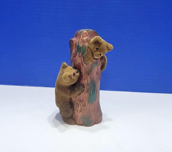 Vintage Thrifco Flocked Bears on Tree Figurine