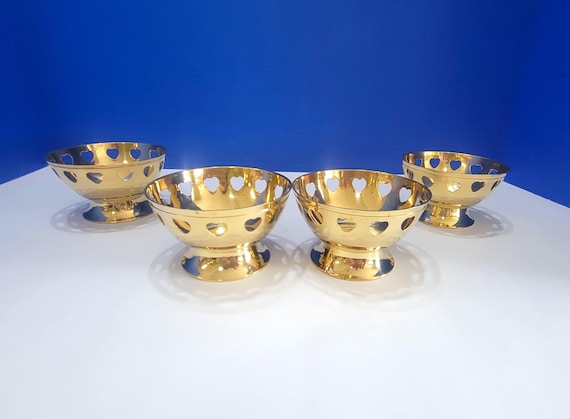 Vintage Brass Footed Decorative Bowls with Heart Cutouts Set of 4