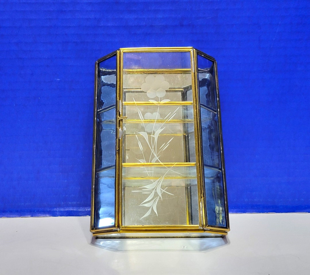 Vintage Brass and Glass Curio With Blue Stained Glass and Etching Etsy