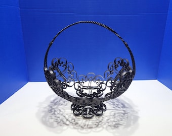 Vintage Black Wrought Iron Metal Filigree Scrollwork Basket