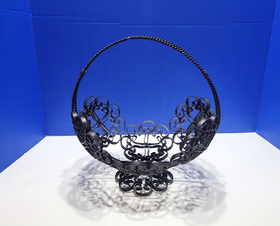 Vintage Black Wrought Iron Metal Filigree Scrollwork Basket