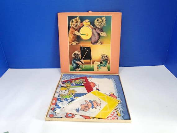 Vintage Children's Hankies New Old Stock in Kitty Cat Box