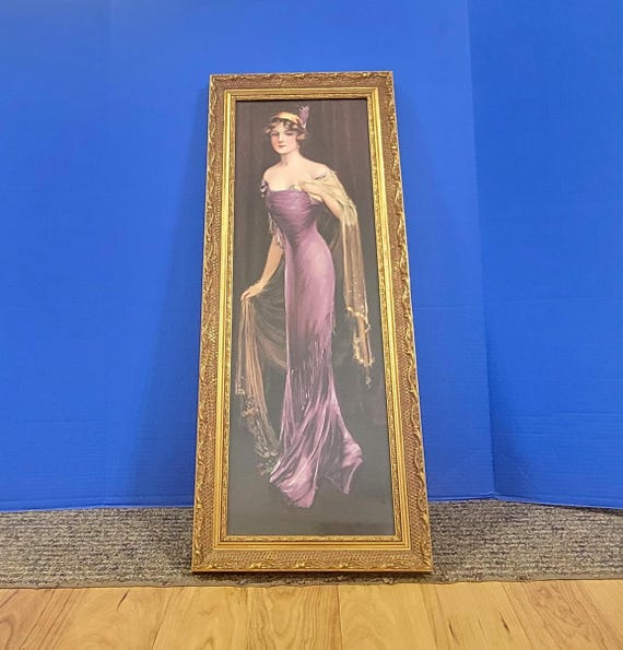 Vintage Framed Art Print of Penelope in Purple Dress by Hamilton King 30 x 12