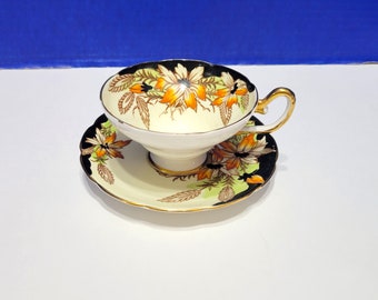 Vintage Taylor & Kent Tea Cup and Saucer Black and Orange Flowers