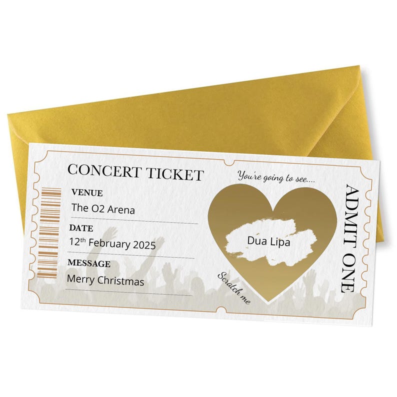 Może przedstawiać: Złoty bilet na koncert z ukrytym pod warstwą do zdrapania sercem, kt&oacute;re po zdrapaniu ukazuje napis "Dua Lipa". Na bilecie widnieje napis "You're going to see..." oraz "ADMIT ONE". Zawiera r&oacute;wnież informacje o miejscu, dacie i wiadomość: "The O2 Arena", "12th February 2025" oraz "Merry Christmas".