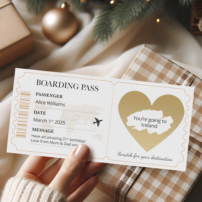May include: A boarding pass with gold accents, featuring the text "BOARDING PASS" and "Alice Williams." The date is March 1st, 2025. A heart-shaped scratch-off reveals "You're going to Iceland." A message wishes a happy 21st birthday.