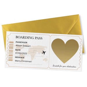 May include: A white boarding pass with gold accents and a gold envelope. The pass includes the text "BOARDING PASS", "PASSENGER Alison Stewart", "DATE 01/02/2025", and "MESSAGE Merry Christmas!". A gold heart shape is on the right side.
