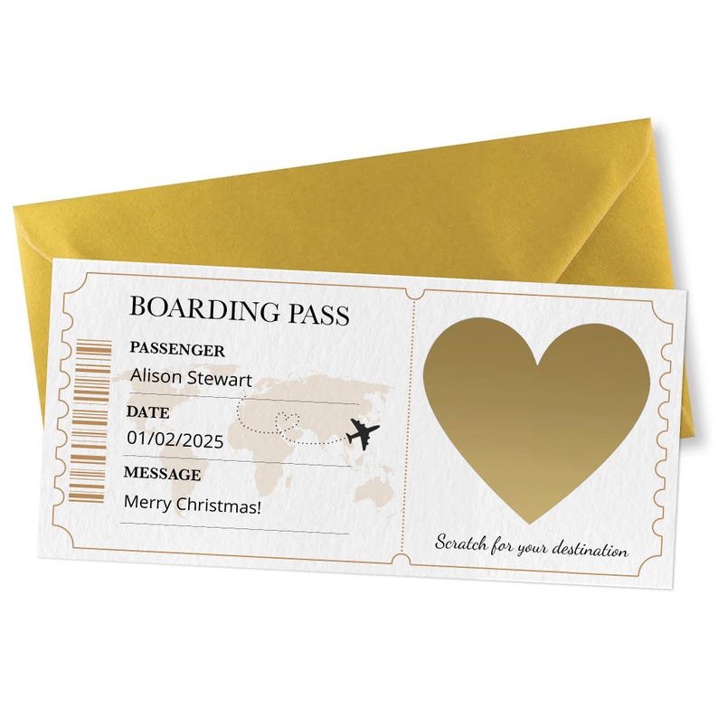 May include: A white boarding pass with gold accents and a gold envelope. The pass includes the text "BOARDING PASS", "PASSENGER Alison Stewart", "DATE 01/02/2025", and "MESSAGE Merry Christmas!". A gold heart shape is on the right side.