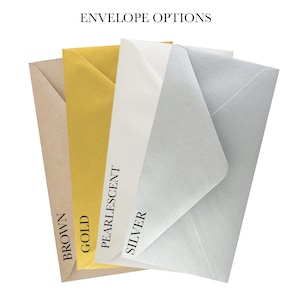 May include: An assortment of envelopes in various colors, including brown, gold, pearlescent, and silver. The text "ENVELOPE OPTIONS" is displayed at the top. Each envelope is shown open, revealing the interior.