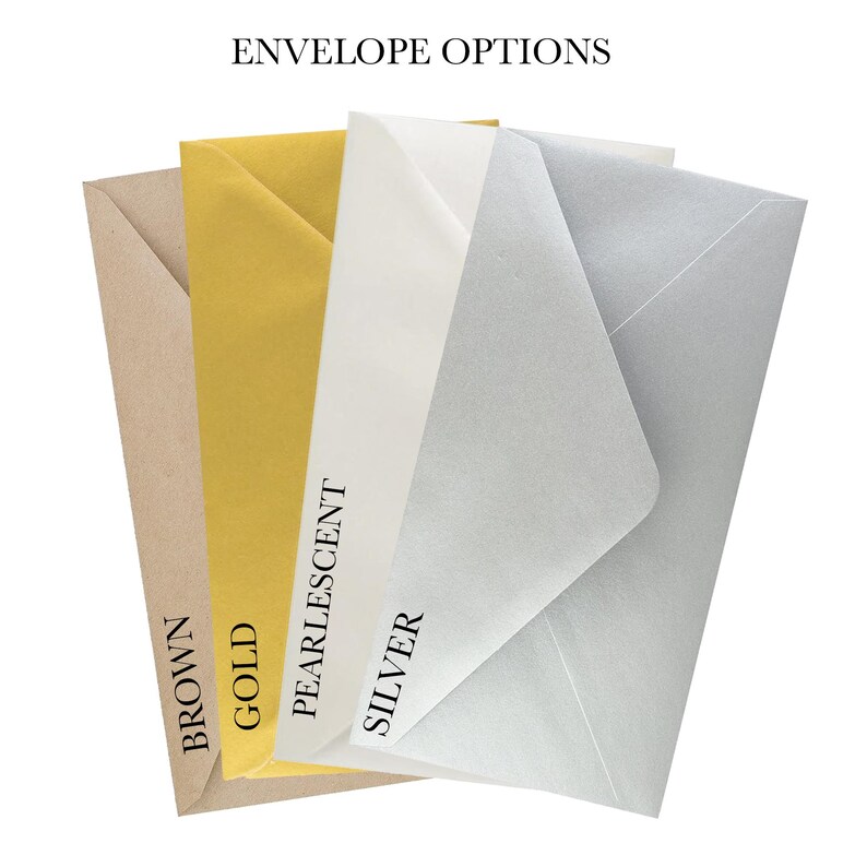 May include: An assortment of envelopes in various colors, including brown, gold, pearlescent, and silver. The text "ENVELOPE OPTIONS" is displayed at the top. Each envelope is shown open, revealing the interior.