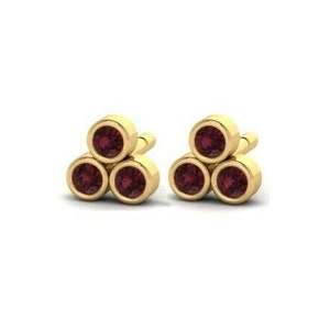 Mini 14kt Gold Petite 2mm Minimalist 3 Stone Bezel Set Mini Trio Garnet Earrings